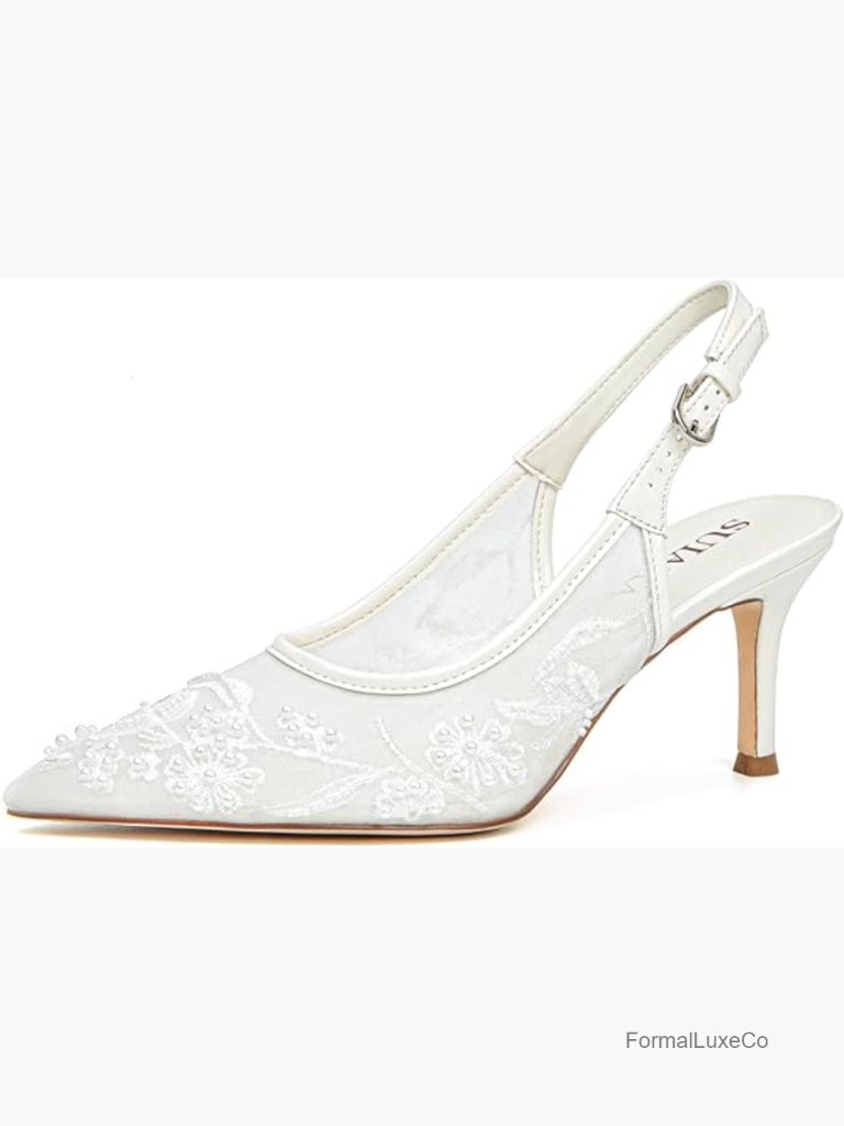 Slingback Kitten Heel Lace Mesh Pointed Toe Wedding Bridal Pumps